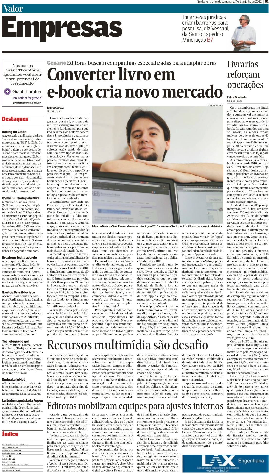 Matéria no jornal Valor Econômico - 07/2012